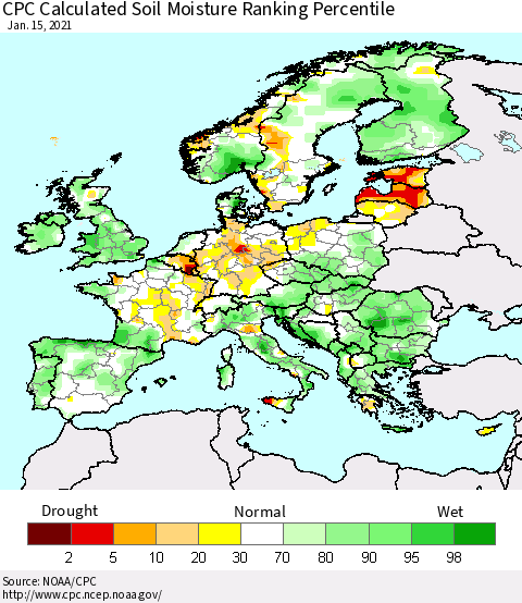 Europe CPC Soil Moisture Ranking Percentile (Leaky Bucket) Thematic Map For 1/11/2021 - 1/15/2021