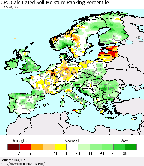 Europe CPC Soil Moisture Ranking Percentile (Leaky Bucket) Thematic Map For 1/16/2021 - 1/20/2021