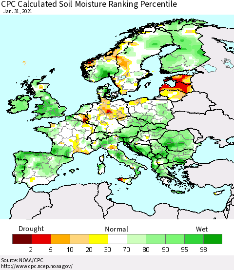Europe CPC Soil Moisture Ranking Percentile (Leaky Bucket) Thematic Map For 1/26/2021 - 1/31/2021
