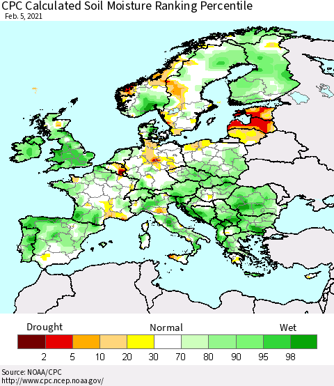 Europe CPC Soil Moisture Ranking Percentile (Leaky Bucket) Thematic Map For 2/1/2021 - 2/5/2021