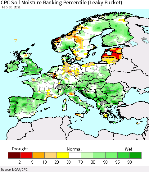 Europe CPC Soil Moisture Ranking Percentile (Leaky Bucket) Thematic Map For 2/6/2021 - 2/10/2021