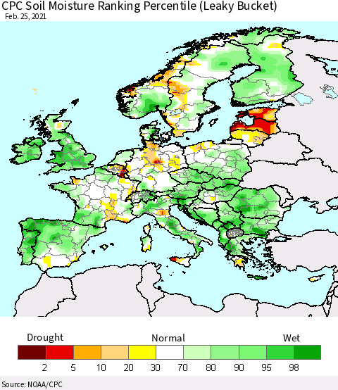 Europe CPC Soil Moisture Ranking Percentile (Leaky Bucket) Thematic Map For 2/21/2021 - 2/25/2021