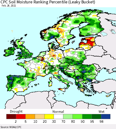 Europe CPC Soil Moisture Ranking Percentile (Leaky Bucket) Thematic Map For 2/26/2021 - 2/28/2021
