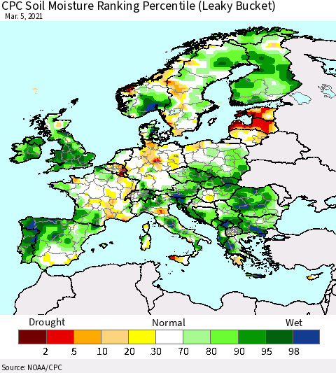 Europe CPC Soil Moisture Ranking Percentile (Leaky Bucket) Thematic Map For 3/1/2021 - 3/5/2021
