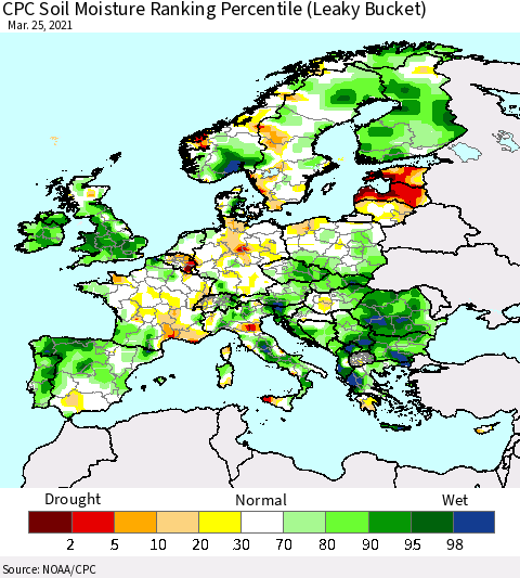 Europe CPC Soil Moisture Ranking Percentile (Leaky Bucket) Thematic Map For 3/21/2021 - 3/25/2021