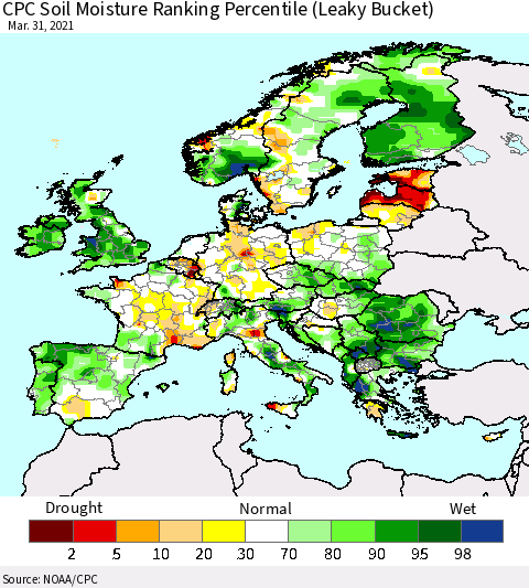 Europe CPC Soil Moisture Ranking Percentile (Leaky Bucket) Thematic Map For 3/26/2021 - 3/31/2021