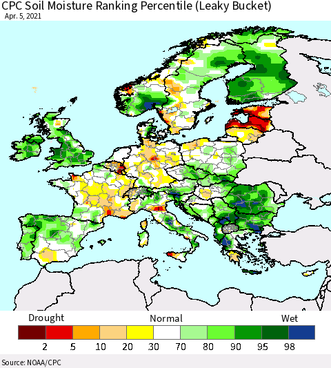 Europe CPC Soil Moisture Ranking Percentile (Leaky Bucket) Thematic Map For 4/1/2021 - 4/5/2021