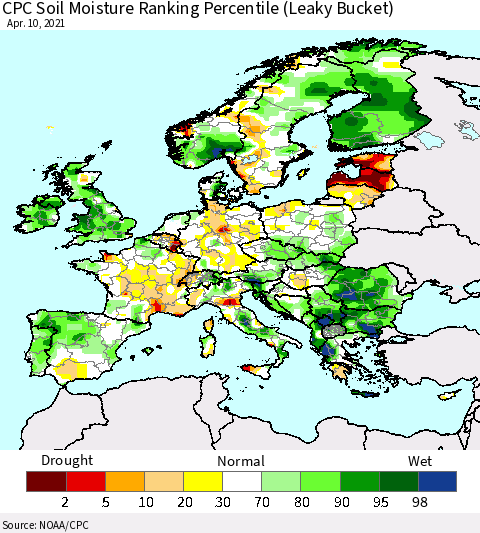 Europe CPC Soil Moisture Ranking Percentile (Leaky Bucket) Thematic Map For 4/6/2021 - 4/10/2021