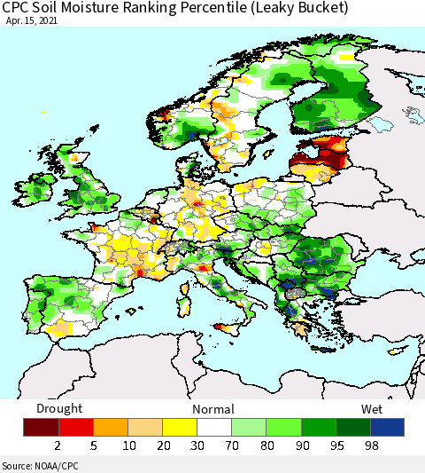 Europe CPC Soil Moisture Ranking Percentile (Leaky Bucket) Thematic Map For 4/11/2021 - 4/15/2021