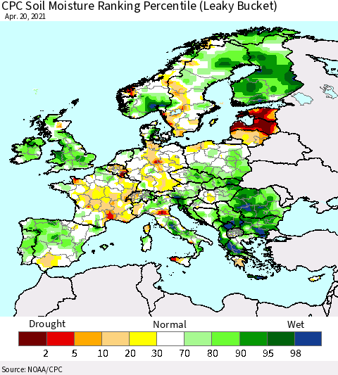 Europe CPC Soil Moisture Ranking Percentile (Leaky Bucket) Thematic Map For 4/16/2021 - 4/20/2021