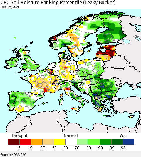 Europe CPC Soil Moisture Ranking Percentile (Leaky Bucket) Thematic Map For 4/21/2021 - 4/25/2021