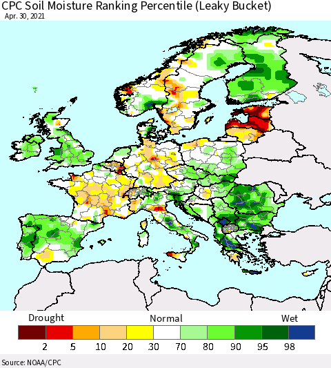 Europe CPC Soil Moisture Ranking Percentile (Leaky Bucket) Thematic Map For 4/26/2021 - 4/30/2021
