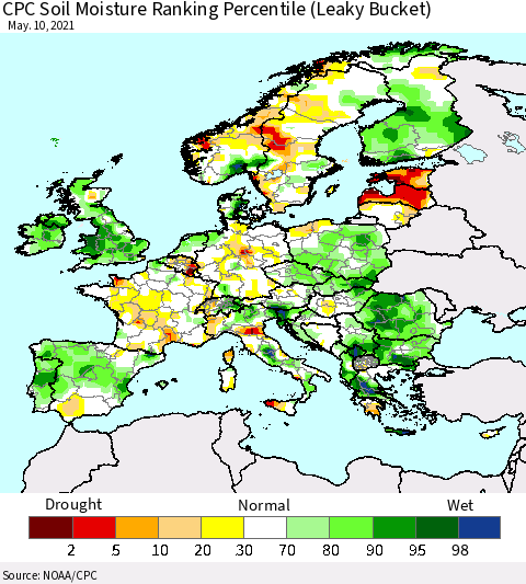 Europe CPC Soil Moisture Ranking Percentile (Leaky Bucket) Thematic Map For 5/6/2021 - 5/10/2021