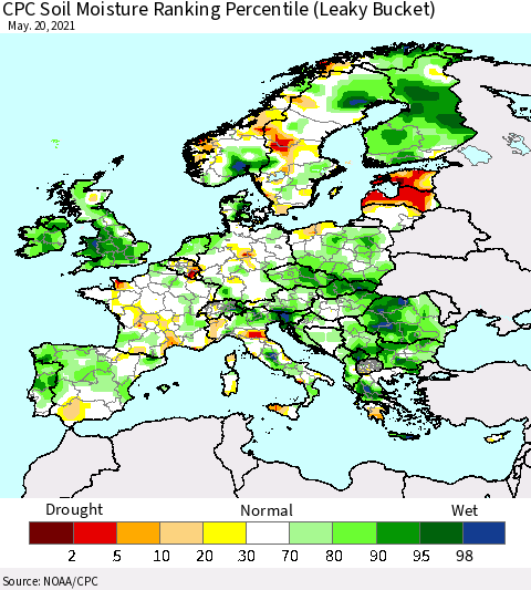 Europe CPC Soil Moisture Ranking Percentile (Leaky Bucket) Thematic Map For 5/16/2021 - 5/20/2021