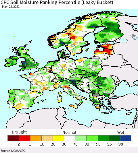 Europe CPC Soil Moisture Ranking Percentile (Leaky Bucket) Thematic Map For 5/21/2021 - 5/25/2021