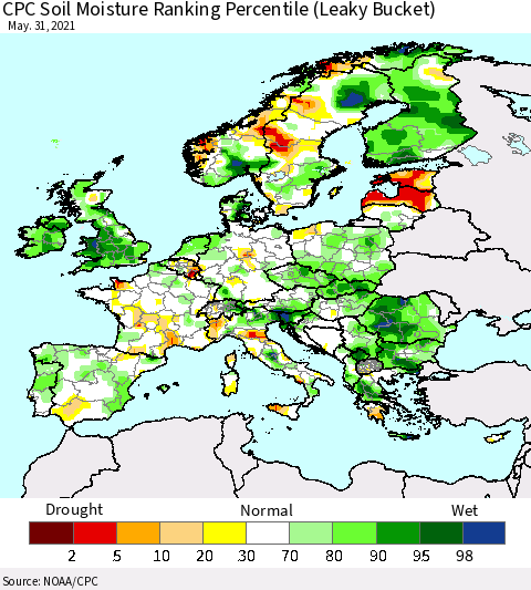 Europe CPC Soil Moisture Ranking Percentile (Leaky Bucket) Thematic Map For 5/26/2021 - 5/31/2021
