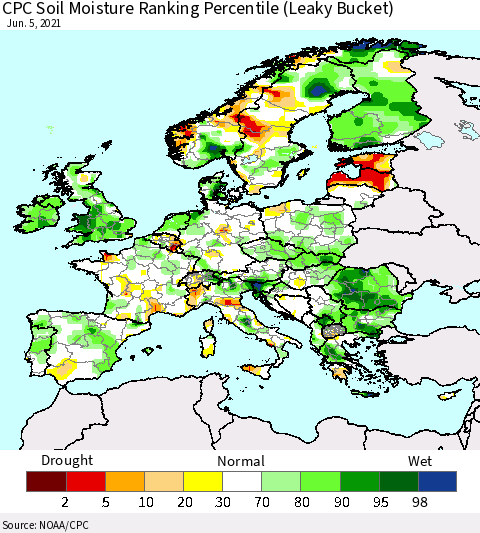 Europe CPC Soil Moisture Ranking Percentile (Leaky Bucket) Thematic Map For 6/1/2021 - 6/5/2021