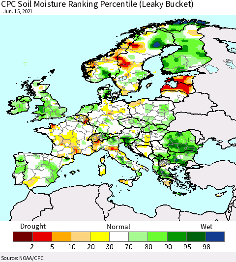 Europe CPC Soil Moisture Ranking Percentile (Leaky Bucket) Thematic Map For 6/11/2021 - 6/15/2021
