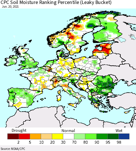 Europe CPC Soil Moisture Ranking Percentile (Leaky Bucket) Thematic Map For 6/16/2021 - 6/20/2021