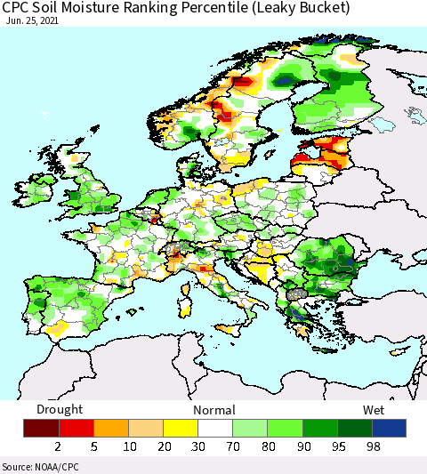 Europe CPC Soil Moisture Ranking Percentile (Leaky Bucket) Thematic Map For 6/21/2021 - 6/25/2021