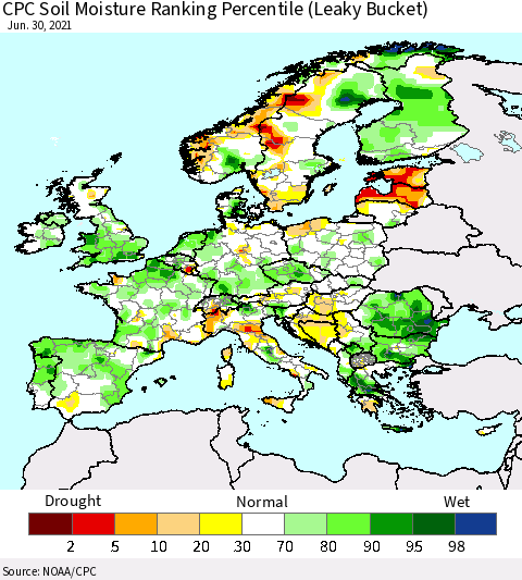 Europe CPC Soil Moisture Ranking Percentile (Leaky Bucket) Thematic Map For 6/26/2021 - 6/30/2021