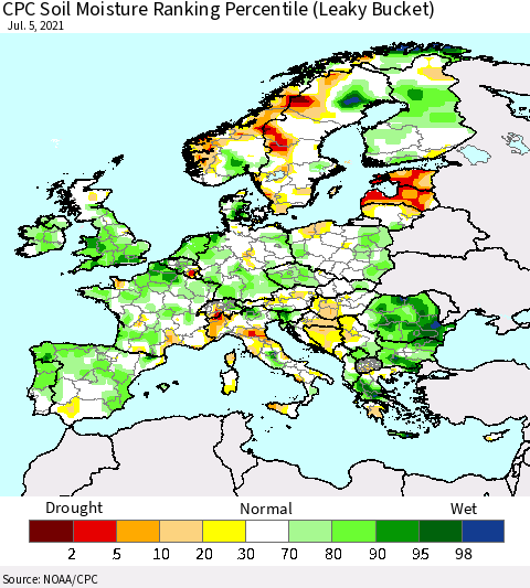 Europe CPC Soil Moisture Ranking Percentile (Leaky Bucket) Thematic Map For 7/1/2021 - 7/5/2021