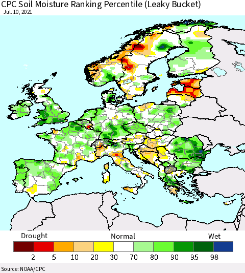 Europe CPC Soil Moisture Ranking Percentile (Leaky Bucket) Thematic Map For 7/6/2021 - 7/10/2021