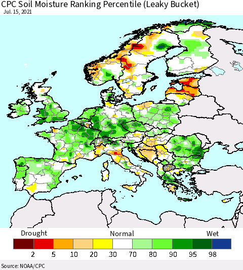 Europe CPC Soil Moisture Ranking Percentile (Leaky Bucket) Thematic Map For 7/11/2021 - 7/15/2021