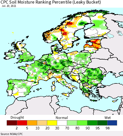 Europe CPC Soil Moisture Ranking Percentile (Leaky Bucket) Thematic Map For 7/16/2021 - 7/20/2021