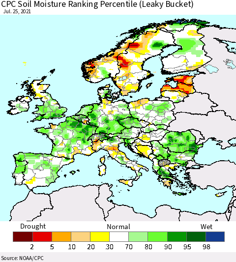 Europe CPC Soil Moisture Ranking Percentile (Leaky Bucket) Thematic Map For 7/21/2021 - 7/25/2021