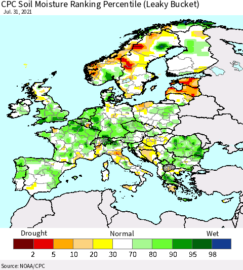 Europe CPC Soil Moisture Ranking Percentile (Leaky Bucket) Thematic Map For 7/26/2021 - 7/31/2021