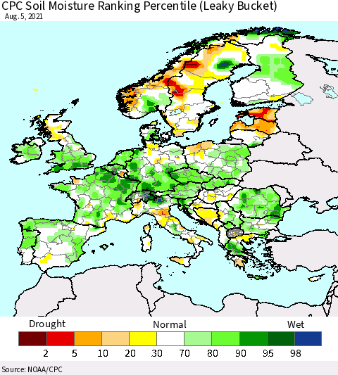 Europe CPC Soil Moisture Ranking Percentile (Leaky Bucket) Thematic Map For 8/1/2021 - 8/5/2021