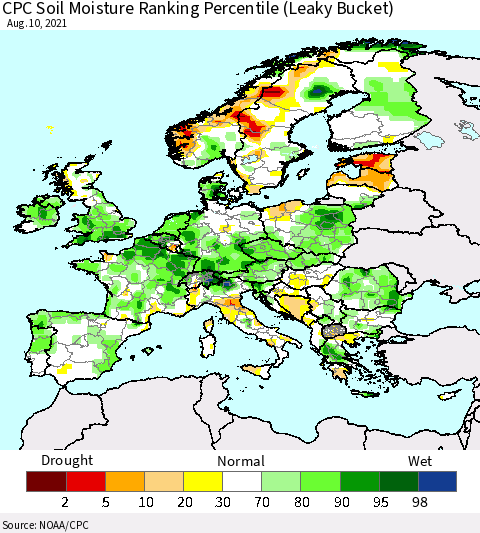 Europe CPC Soil Moisture Ranking Percentile (Leaky Bucket) Thematic Map For 8/6/2021 - 8/10/2021