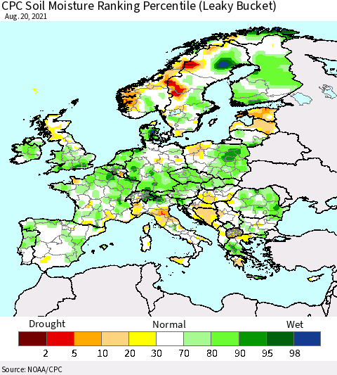 Europe CPC Soil Moisture Ranking Percentile (Leaky Bucket) Thematic Map For 8/16/2021 - 8/20/2021