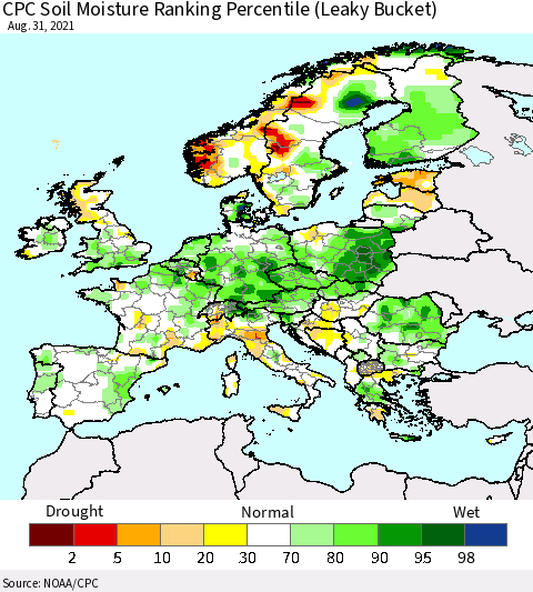 Europe CPC Soil Moisture Ranking Percentile (Leaky Bucket) Thematic Map For 8/26/2021 - 8/31/2021