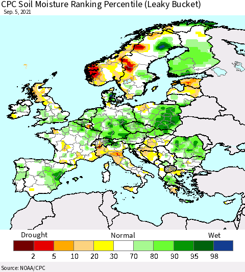Europe CPC Soil Moisture Ranking Percentile (Leaky Bucket) Thematic Map For 9/1/2021 - 9/5/2021