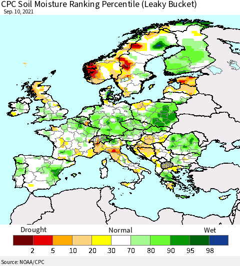 Europe CPC Soil Moisture Ranking Percentile (Leaky Bucket) Thematic Map For 9/6/2021 - 9/10/2021