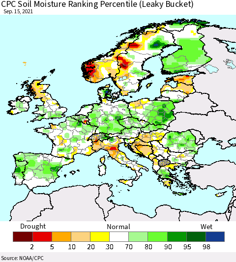Europe CPC Soil Moisture Ranking Percentile (Leaky Bucket) Thematic Map For 9/11/2021 - 9/15/2021