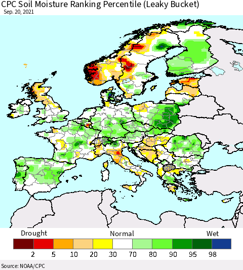 Europe CPC Soil Moisture Ranking Percentile (Leaky Bucket) Thematic Map For 9/16/2021 - 9/20/2021
