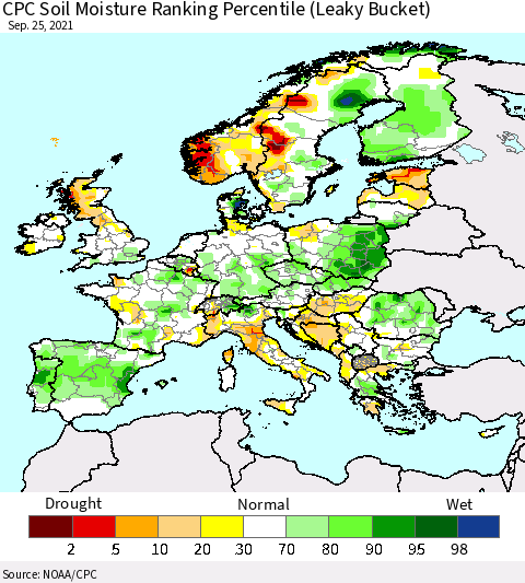 Europe CPC Soil Moisture Ranking Percentile (Leaky Bucket) Thematic Map For 9/21/2021 - 9/25/2021