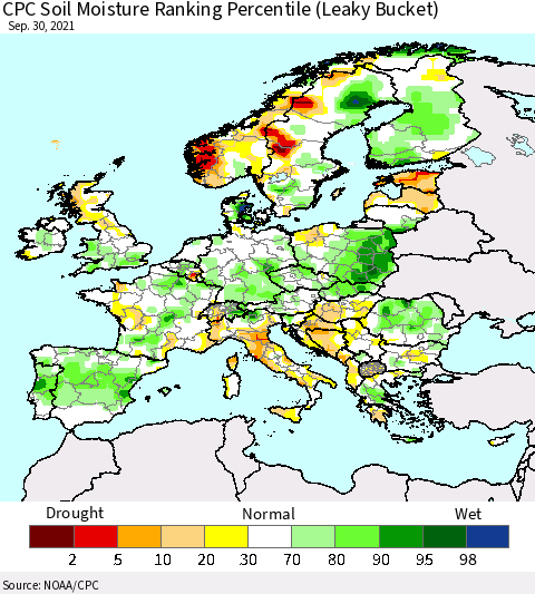 Europe CPC Soil Moisture Ranking Percentile (Leaky Bucket) Thematic Map For 9/26/2021 - 9/30/2021