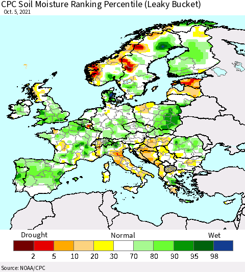 Europe CPC Soil Moisture Ranking Percentile (Leaky Bucket) Thematic Map For 10/1/2021 - 10/5/2021
