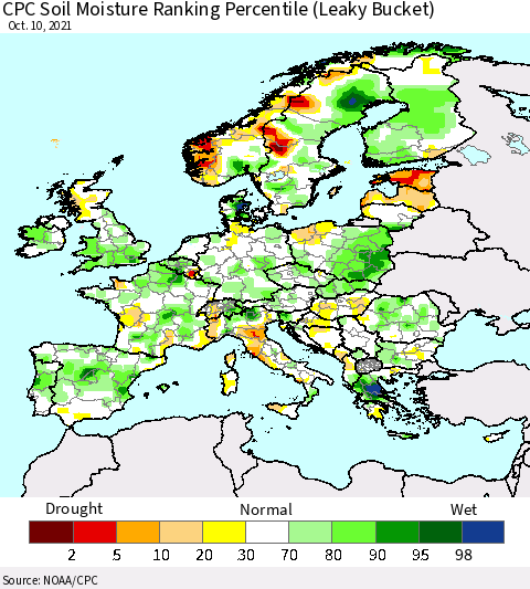 Europe CPC Soil Moisture Ranking Percentile (Leaky Bucket) Thematic Map For 10/6/2021 - 10/10/2021