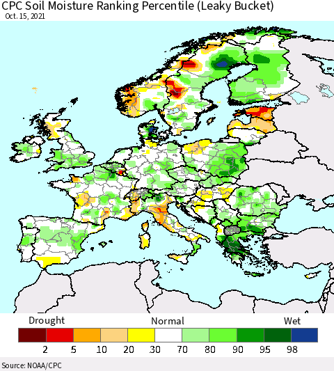 Europe CPC Soil Moisture Ranking Percentile (Leaky Bucket) Thematic Map For 10/11/2021 - 10/15/2021