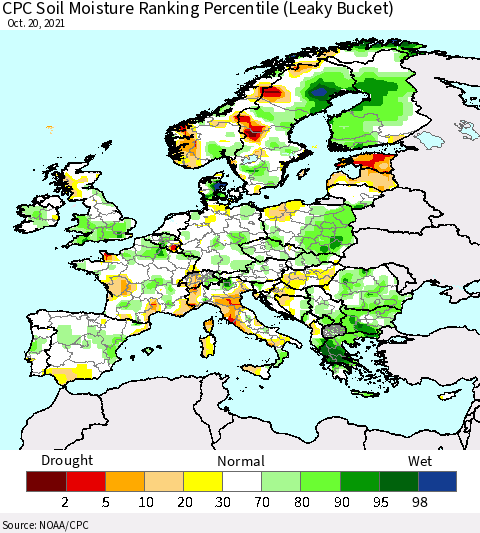 Europe CPC Soil Moisture Ranking Percentile (Leaky Bucket) Thematic Map For 10/16/2021 - 10/20/2021
