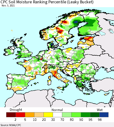 Europe CPC Soil Moisture Ranking Percentile (Leaky Bucket) Thematic Map For 11/1/2021 - 11/5/2021