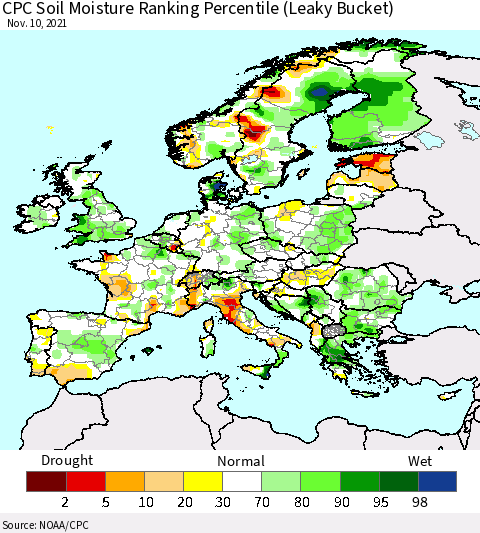 Europe CPC Soil Moisture Ranking Percentile (Leaky Bucket) Thematic Map For 11/6/2021 - 11/10/2021