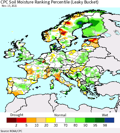 Europe CPC Soil Moisture Ranking Percentile (Leaky Bucket) Thematic Map For 11/11/2021 - 11/15/2021