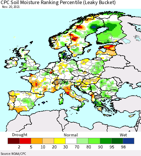 Europe CPC Soil Moisture Ranking Percentile (Leaky Bucket) Thematic Map For 11/16/2021 - 11/20/2021