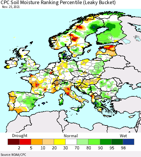 Europe CPC Soil Moisture Ranking Percentile (Leaky Bucket) Thematic Map For 11/21/2021 - 11/25/2021